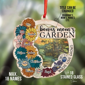 Bonus Mom's Garden Suncatchers, Personalized Bonus Mom Gift, Nana, Mimi Gift, Custom Stained Glass Art & Wood Suncatchers, Mothers Day Gift