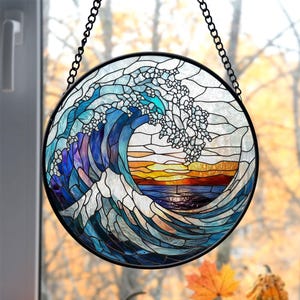 Faux Stained Glass Ocean Wave Suncatcher, Wave window hangings for garden, House Decoration, Ocean Wave Decor, Sea Lover Gift, Housewarming