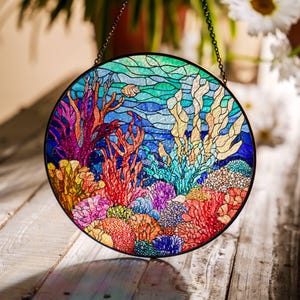 Coral Reef Stained Glass SunCatcher Ocean Art Light Catcher Window Hanging Home Decoration Sea Lover Gifts Gifts Scuba Diving Gifts