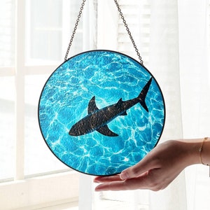 Shark Stained Glass SunCatcher Ocean Art Light Catcher Window Hanging Summer Home Decoration Gifts for Ocean Lover Sea Life Decor Beach