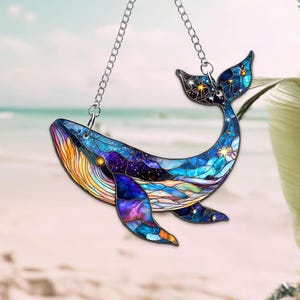 Dreamy Whale ACRYLIC FAUX Stained Glass Suncatcher, Sea Lover Gift, Astro Lover Gift, Whales Lover Gift, Window Hangings Decor