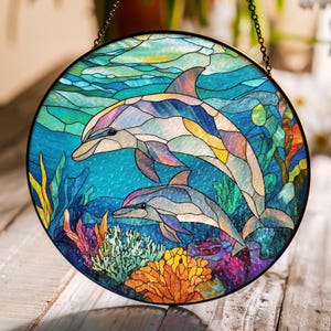 Stained Glass Dolphin Family Suncatcher, Gift for Marine Life Lovers, Beautiful Sea-Themed Sun Catcher, Gift for mother's day
