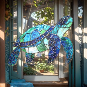 Sea Turtle Acrylic Suncatcher – Faux Stained Glass Effect Window Hanging & Beach Lover Decor