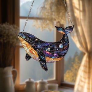 Galaxy Blue Whale Window Hanging Acrylic Sign, Whale Faux Stained Glass Suncatcher, Beach Home Decor, Gift for Her, Blue Whale Ornament