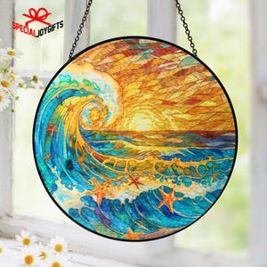 Ocean Waves Stained Glass Suncatcher, Ocean Wave Starfish Wall Art Window Hanger, Ocean Lovers Gift, Coastal Suncatcher, Beach Lover Gift