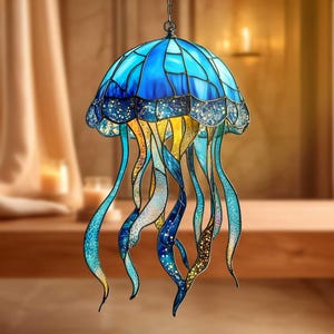 Ocean Jellyfish Faux Stained Glass Suncatcher Acrylic Window Hanging Deep Sea Decor Gift for Nautical Home and Beach Theme Rooms