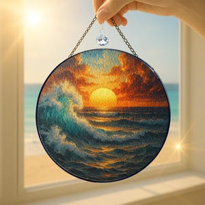 Beach Sunset Glass Suncatcher, Beach Lover Home Decor, Beach Sunrise Suncatcher, Waves On The Beach Window Hanging, Summer Vibes Gift