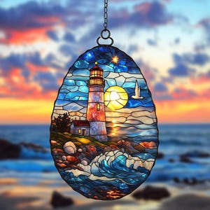 Lighthouse And Sea Acrylic Suncatcher – Faux Stained Glass Window Hanging – Nautical Coastal Decor & Gift for Ocean Lovers