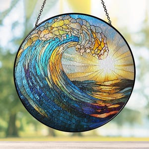 Ocean Wave Glass Suncatcher, Coastal Glass Window Hanging, Beach Sunset Sun Catcher Decor, Beach Lover Gift, Beach House Decor