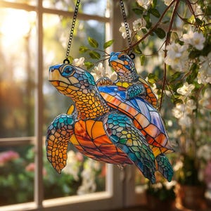 Sea Turtle Acrylic Suncatcher | Mom and Baby Turtle Sun Catcher | Ocean Window Hanging Decor | Beach Gift for Sea Life Lovers