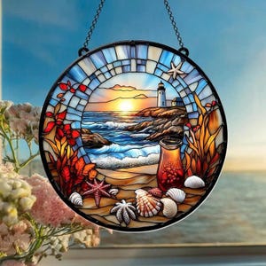 Sunshine on Ocean Stained Glass Suncatcher, Faux Stained Glass Window Hanging for Sea Lovers