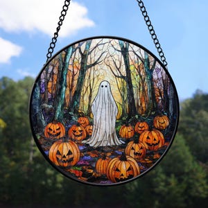 Faux Stained Glass Ghost in the woods Glass Suncatcher, Mysterious Ghost Suncatcher, Halloween Decor, Halloween Gifts, Spooky Decor