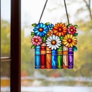 Floral Book Lover ACRYLIC Window Hanging, Flower Book Suncatcher, Book Lover Gift, Floral Book Suncatcher, Book Lover Suncatcher