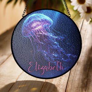 Jellyfish Stained Glass Suncatcher – Personalized Ocean Window Hanging, Bioluminescent Sea Art, Custom Marine Gift for Nature Lovers