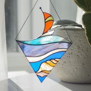 Suncatcher window Summer vibes, Stained glass art Ocean scenes, sea glass gifts for sailor, ship sail